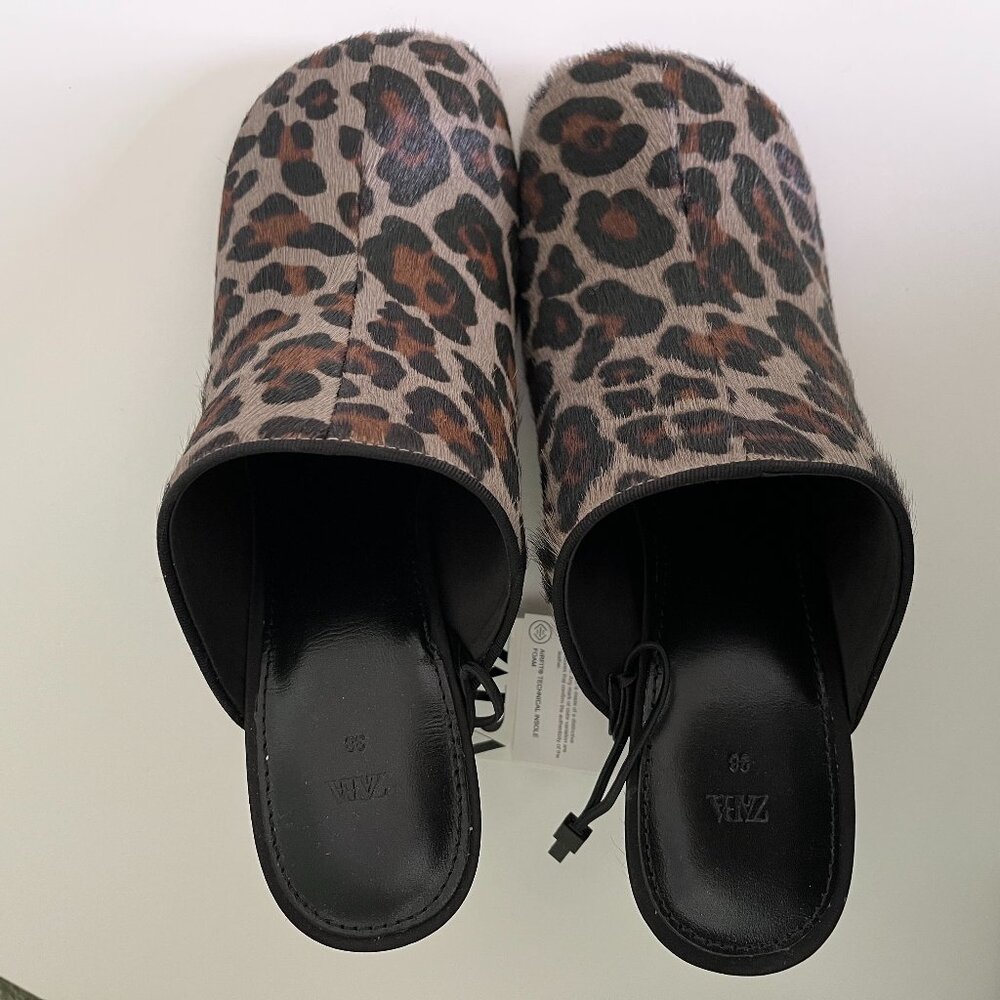 Zara Animal Print 100% Leather Mules Leopard Print Square Toe 2.8in Heel Sz 7.5